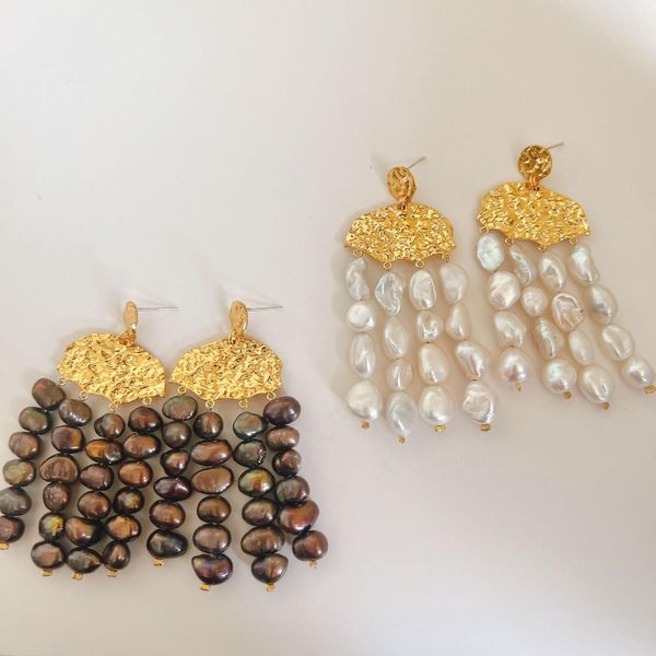knot brass with 18k gold real pearl tassel earrings women jewelry party boho t show gown runway party rare korean japan trendy, Silver
